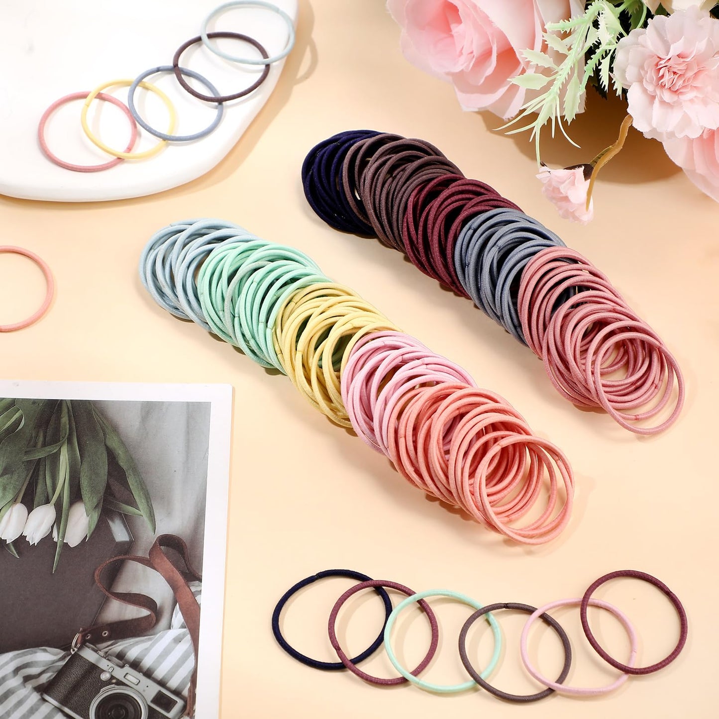 TecUnite 200 Pieces No-metal Hair Elastics Bulk Rubber Bands Hair Ties Ponytail Holders Hair Bands for Women(Mixed Color)