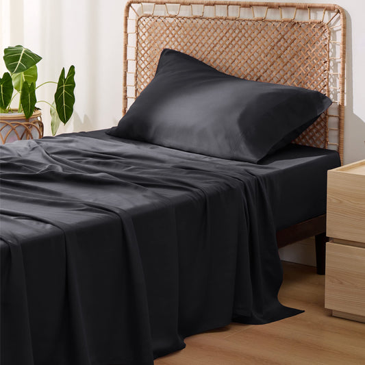 Bedsure Twin Sheets Set, Cooling Sheets Twin Size Bed Set, Rayon Derived from Bamboo, Twin Size Sheets, Breathable & Soft Bed Sheets, Hotel Luxury Silky Bedding Sheets & Pillowcases, Black