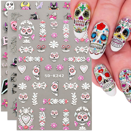 3Sheets Halloween Nail Stickers Decals for Nail 5D Scary Skull Spider Web Pink Ghost Pumpkin Designer Nail Stickers DIY Gothic Acrylic Nails Arts for Halloween Women Girls Nail Art Supplies.