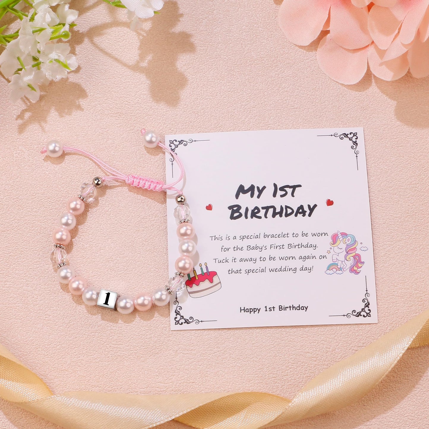 Sereney 1 Year Old Girl Birthday Gift, Adjustable Pink White Pearl Birthday Bracelet as One Year Old Girl Birthday Gifts, 1st Birthday Girl Gifts Ideas for Daughter Niece Granddaughter Girls