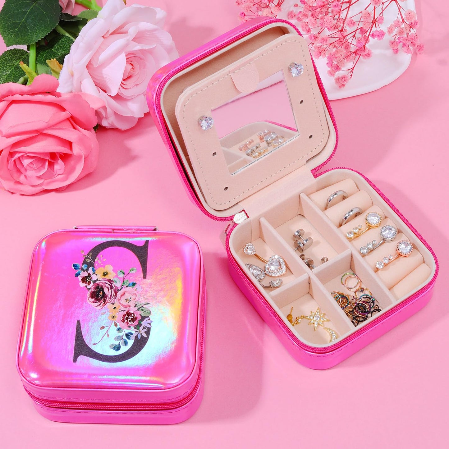 PEGYOU Small Travel Jewelry Case for Girls Women | Mini Portable Jewelry Box for Girls with Mirror | Jewelry Holder Organizer Box | Birthday Christmas Gifts for Girls (Rose Red, Letter S)