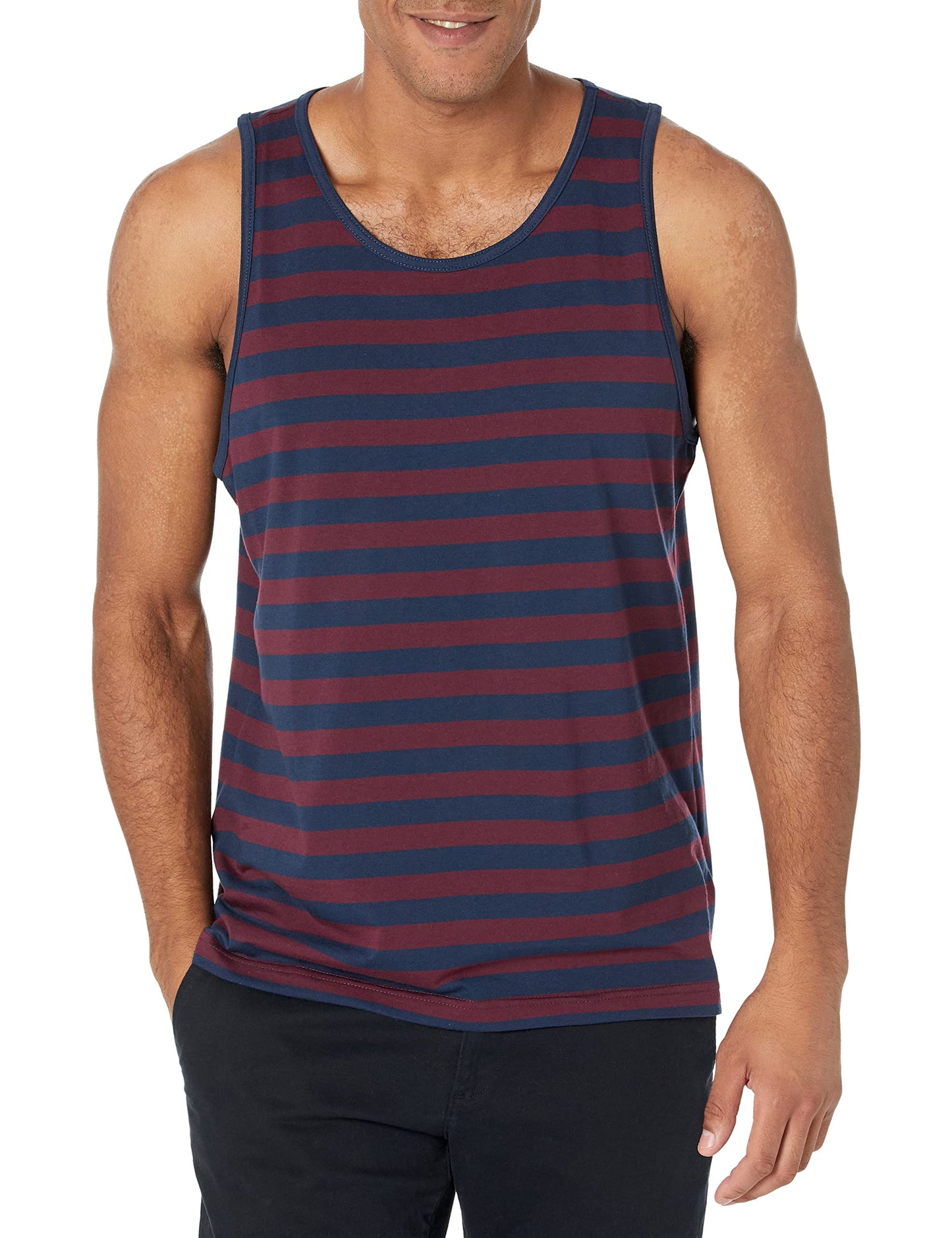 Amazon Essentials Men's Regular-Fit Tank Top, Burgundy Navy Stripe, X-Small