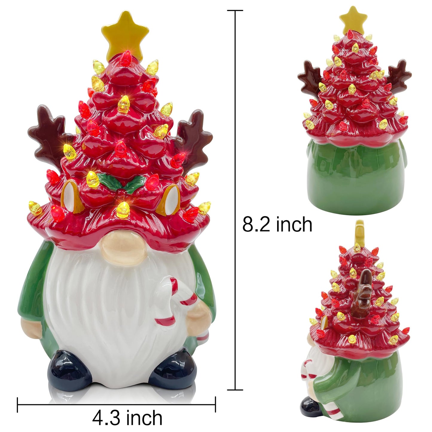 pinata Deer Ceramic Christmas Tree Gnomes, Christmas Kids Women Gifts Lighted Small Christmas Tree Christmas Decorations Indoorhome Room Table Top, LED Farmhouse Reindeer Decor Figurine (Red Green)