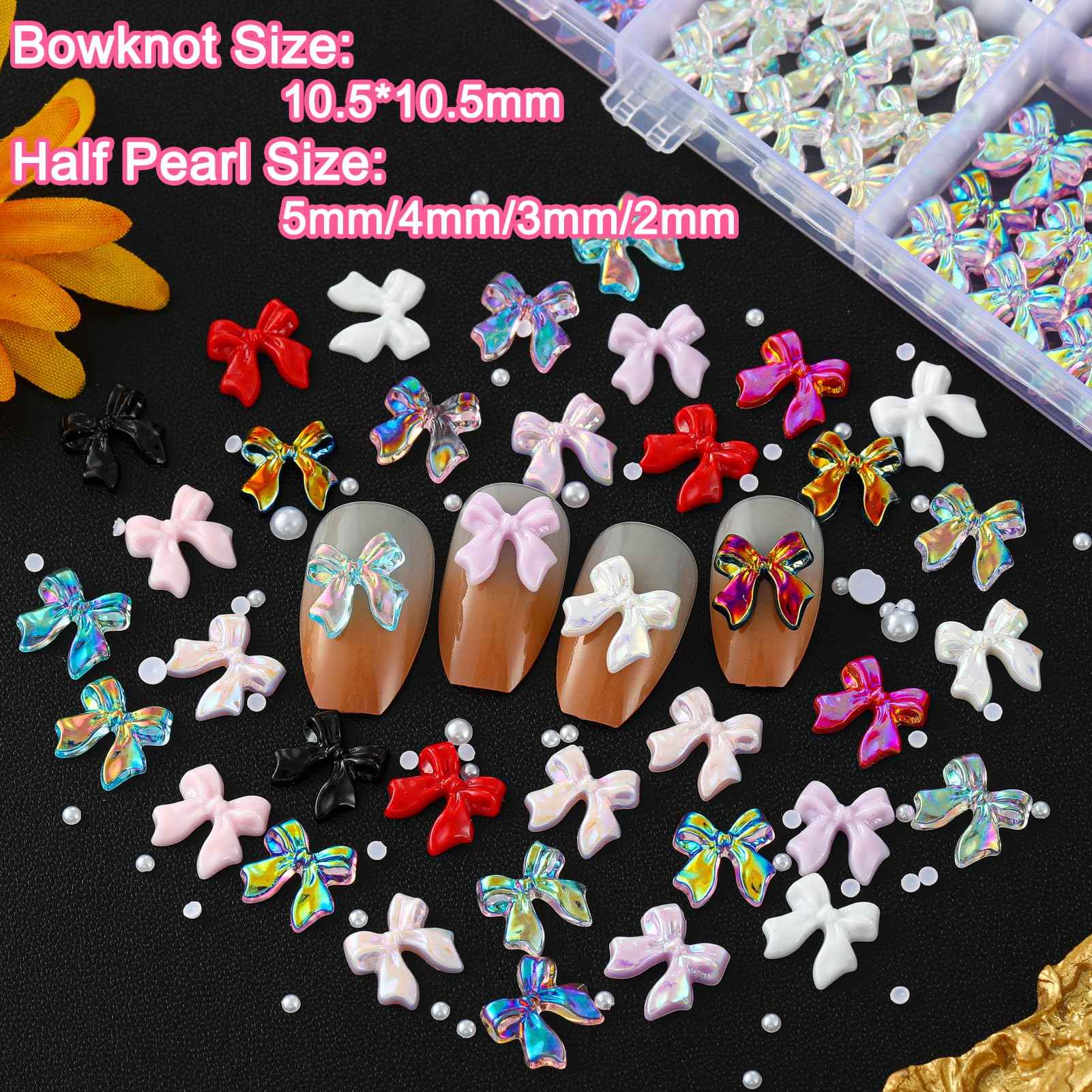 ZUMILLMN Bow Nail Charms, 6-Color 3D Nail Charms Bulk and Half Pearls for Nail Art Charms and Y2K Charms for Nails Design for Women Girl DIY Jewelry Cellphone Crafts