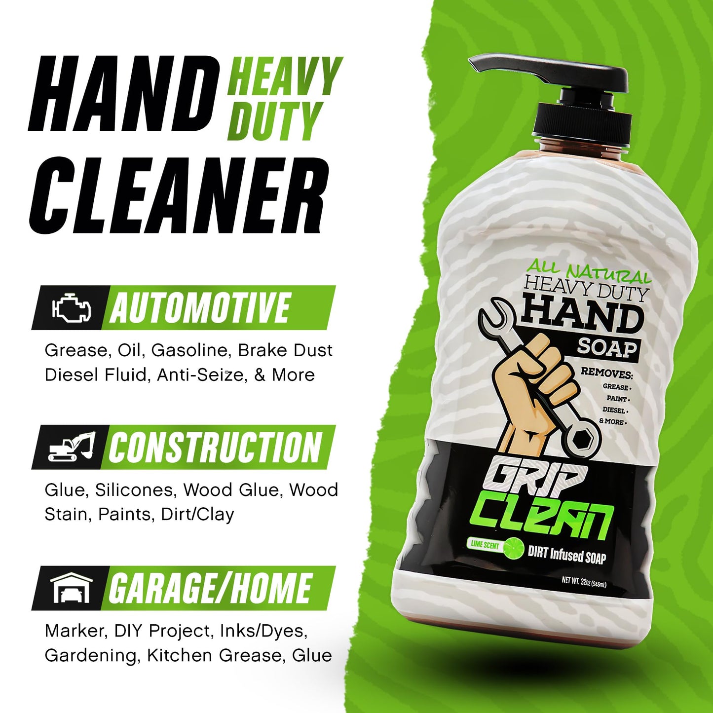 Grip Clean - Degreaser Hand Cleaner for Auto Mechanics - Dirt-Infused Liquid Hand Soap Absorbs Grease, Oil, & Odors. Natural Heavy Duty Pumice Soap with Moisturizing Ingredients. Lime Scented