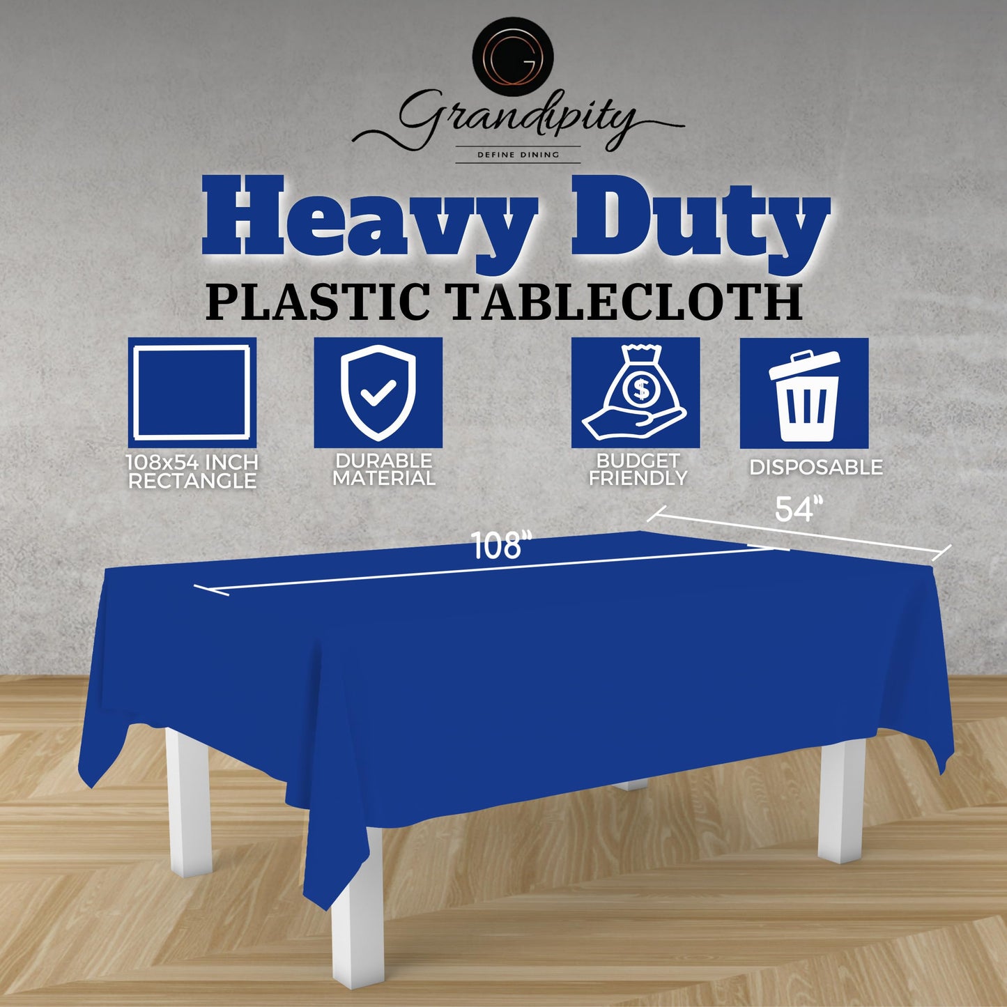 Grandipity Blue 12 Pack Premium Disposable Plastic Tablecloth 54 Inch. x 108 Inch. Decorative Rectangle Table Cover