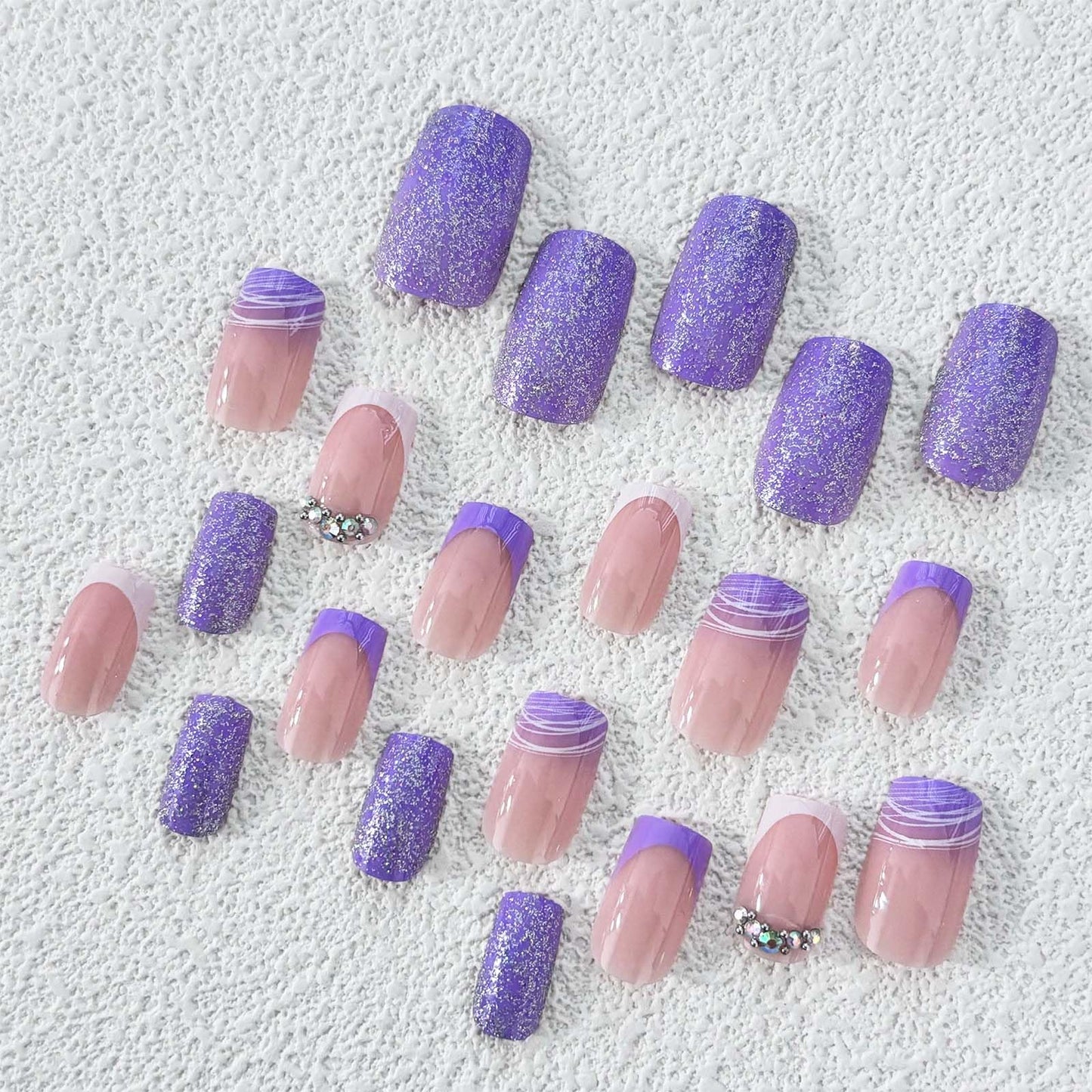 Purple Press on Nails Medium Square Fake Nails French Tip with Glitter Design Rhinestone Glue on Nails Glossy Full Cover Artificial Acrylic Stick on Nails for Women Girls Manicure 24Pcs