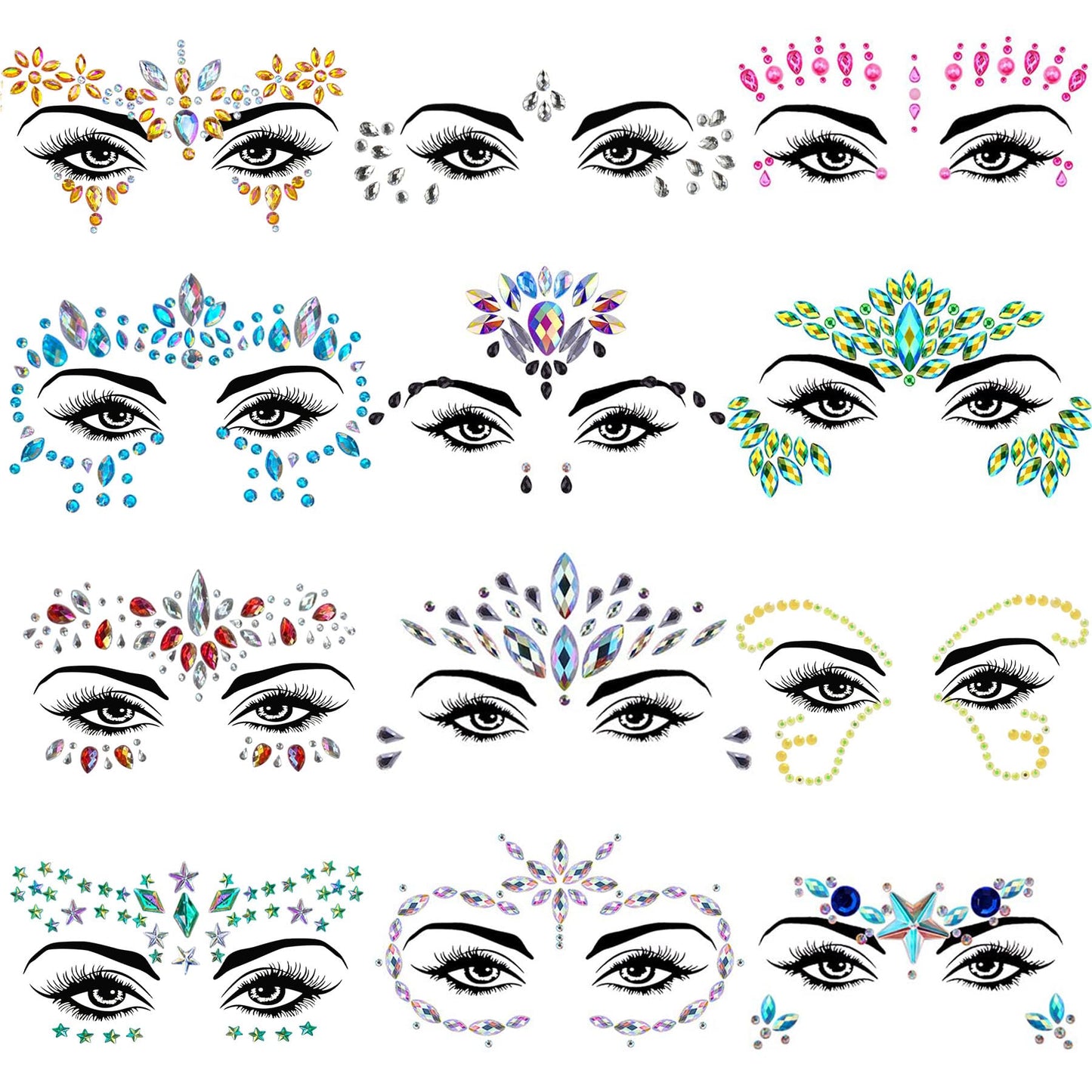 TGANNYOCR 12 Sets Face Jewels Mermaid Face Gems Stick on Rave Women Accessories Face Eye Jewel Stickers Rhinstone Face Crystal for Festival Rave Carnival Party