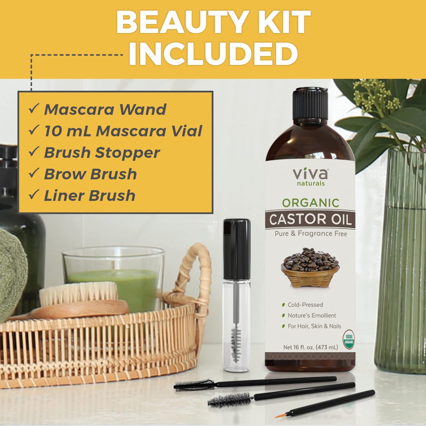 Viva Naturals Organic Castor Oil, 16 fl oz - Cold Pressed Castor Oil for Skin, Hair and Lashes - Traditionally Used to Support Hair Growth - Certified Organic & Non-GMO - Includes Beauty Kit