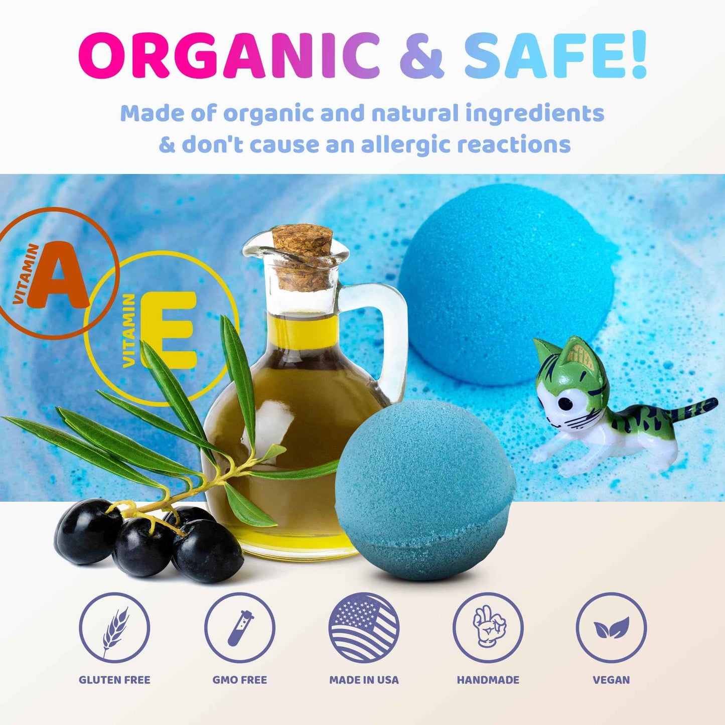 Made in USA 6 Organic Bath Bombs for Kids Set with Cat Toys Surprise Inside for Kids - Surprise Cute Cats Inside Each Fizzy Bath Ball - Natural and Safe for Girls, Boys, Teens - Perfect for Gift