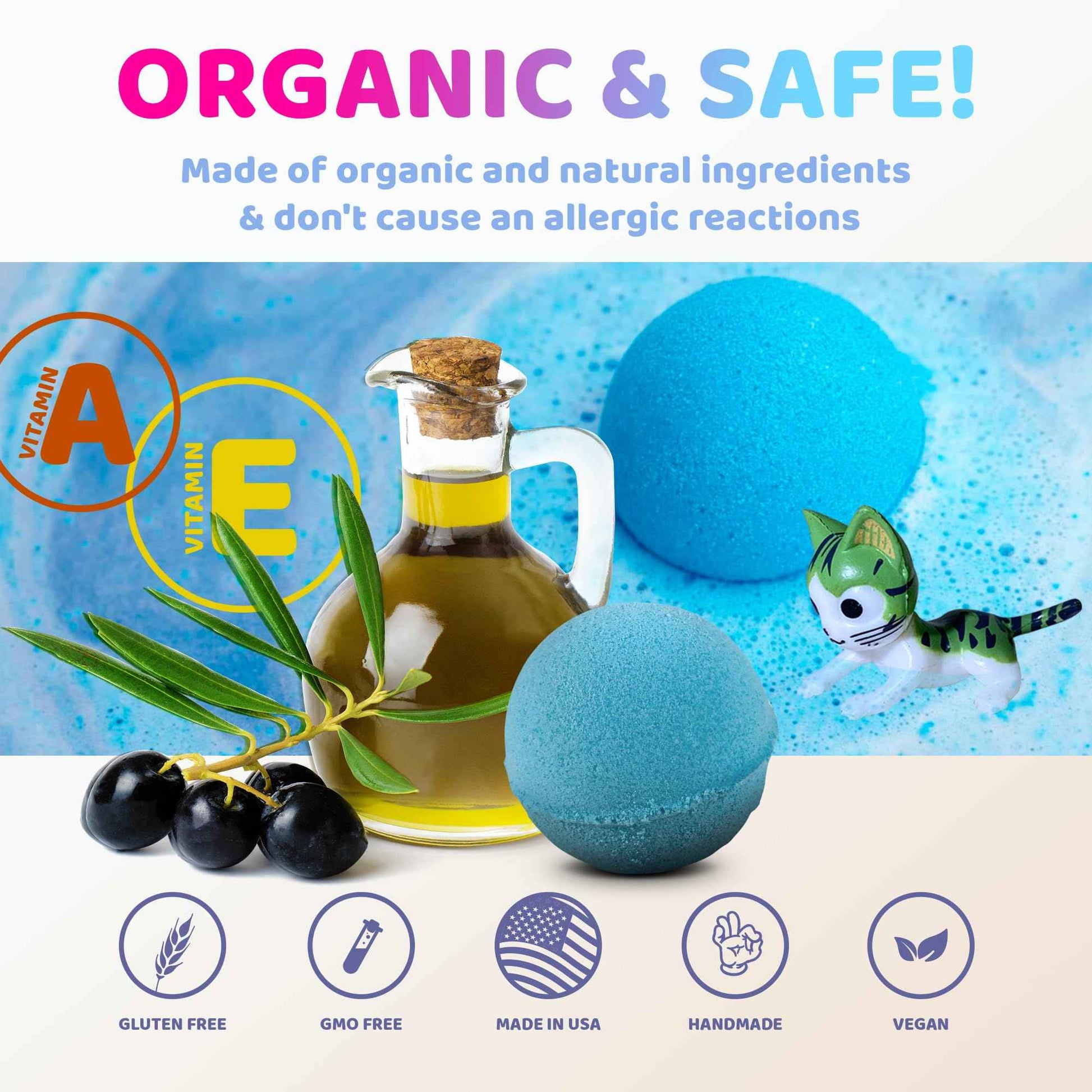 Made in USA 6 Organic Bath Bombs for Kids Set with Cat Toys Surprise Inside for Kids - Surprise Cute Cats Inside Each Fizzy Bath Ball - Natural and Safe for Girls, Boys, Teens - Perfect for Gift