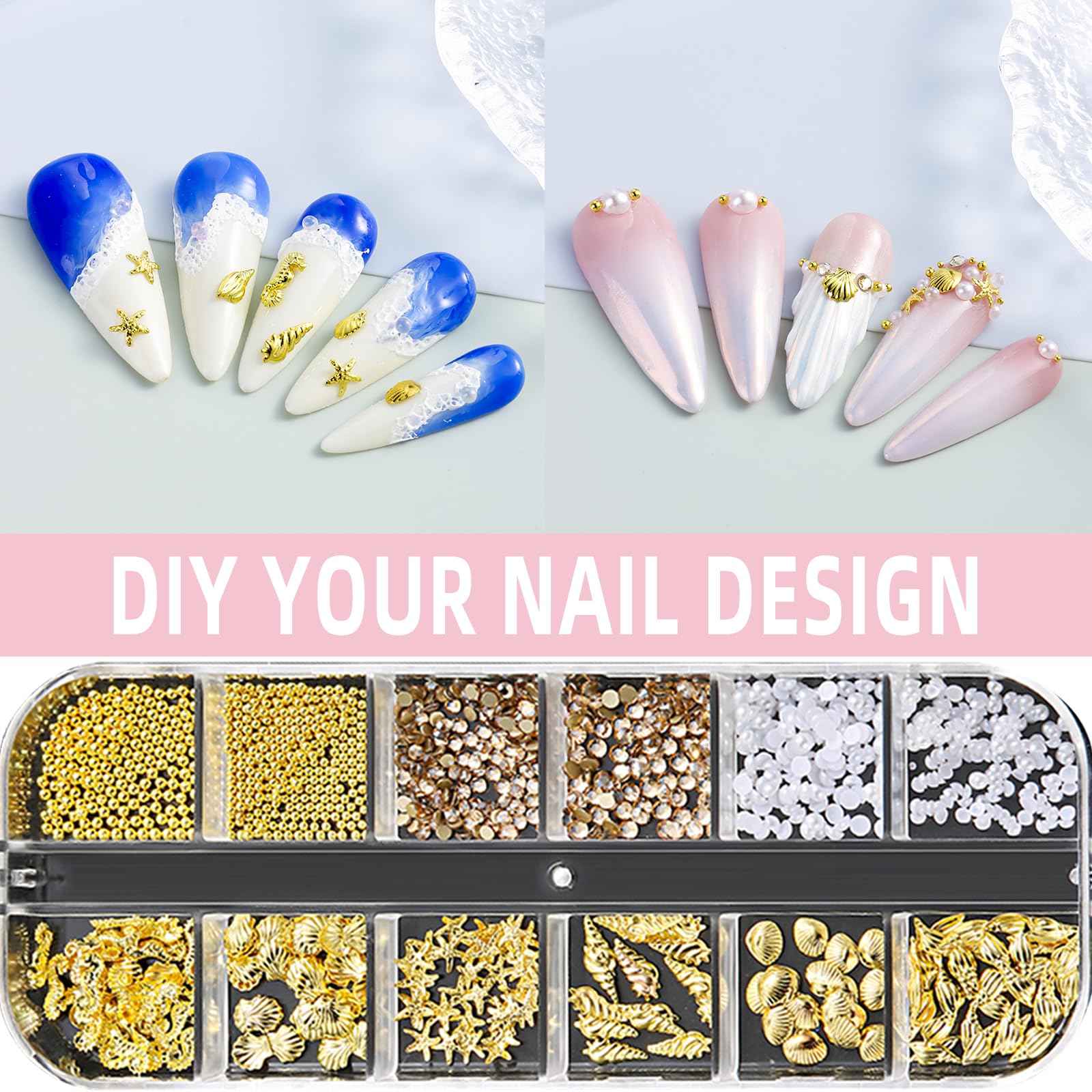 Jremg Summer Nail Charms 3D Steel Studs Metal Art Charms Seashell Starfish Gold Nail Rhinestones Pearls Ocean Theme Designs 12 Grids