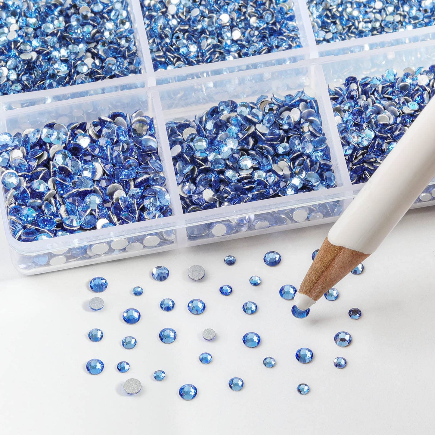 Beadsland 7200pcs Flatback Rhinestones,Light Blue Rhinestones Nail Gems Round Crystal Rhinestones for Crafts,Mixed 6 Sizes with Wax Pencil Kit, SS3-SS10,Light Sapphire