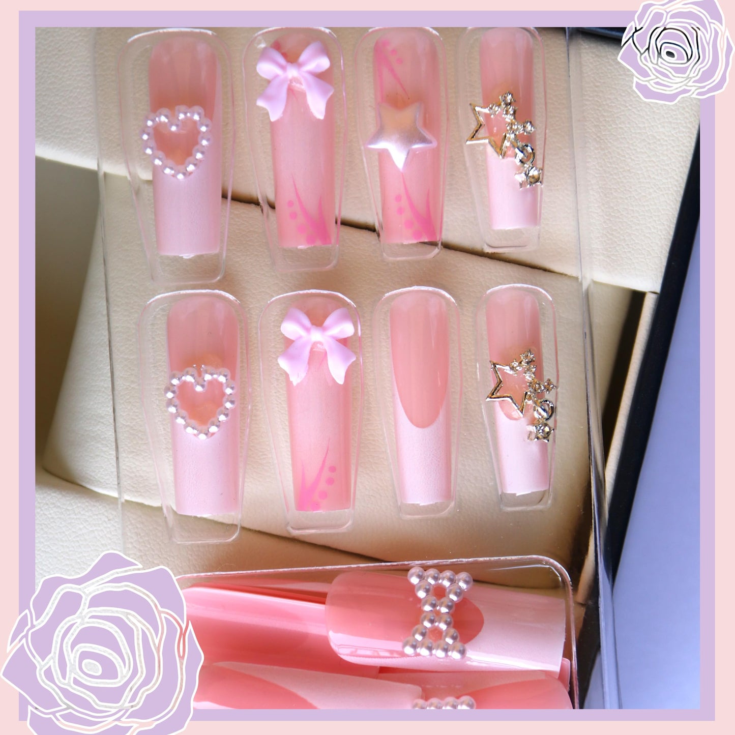 Pink Press on Nails Kit French Tip Nails Press Ones Charms Gems Star Pearl Long Rhinestone Pearl Fake Nails Artificial Coffin Gel Like Glossy 3D Bowknot False Nail Manicure for Women and Girls