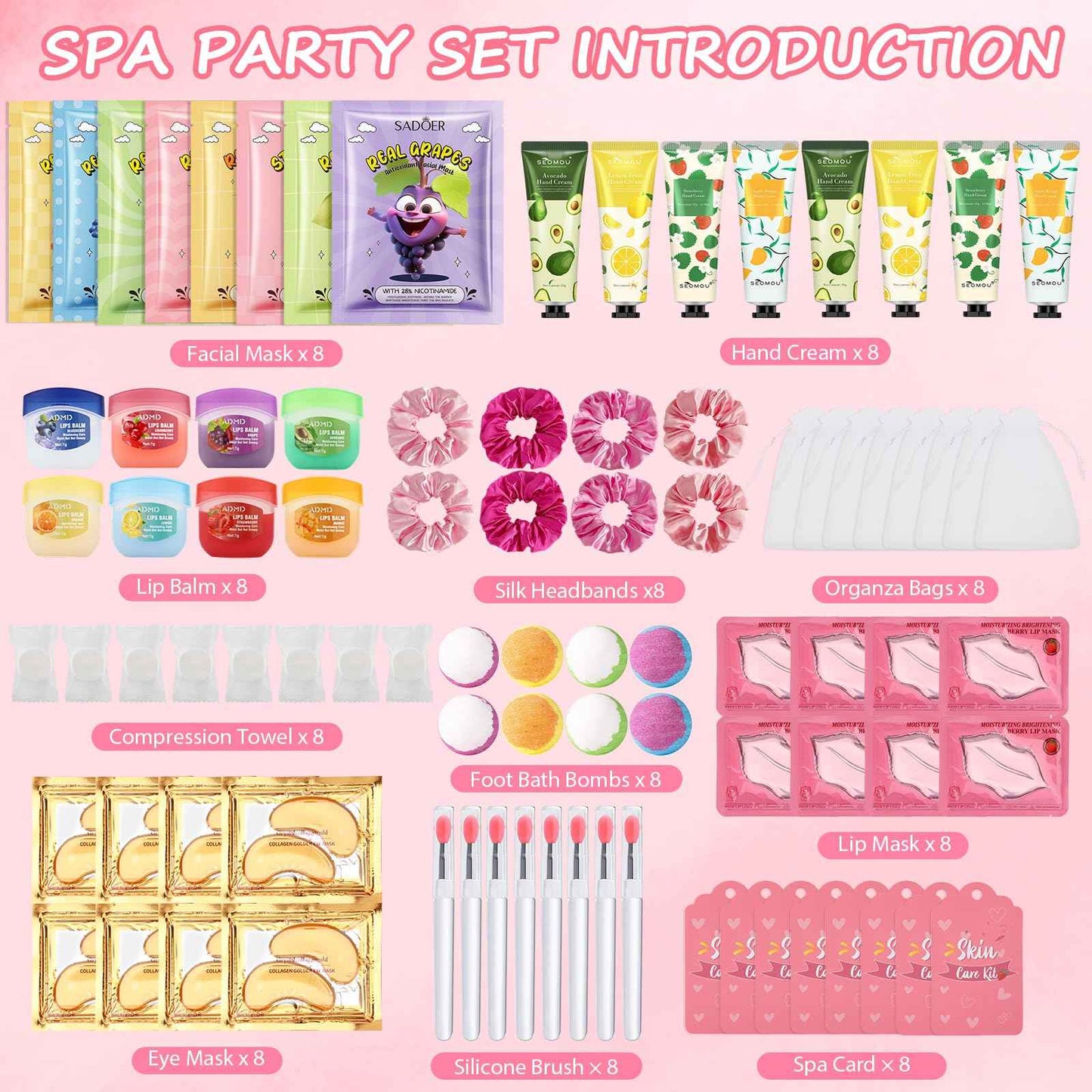 Jutqut 88PCS SPA Party Supplies for Girls, Under Eye Patches, Facial Masks, Lip Mask & Balm, Hand Cream, Foot Bath Bombs, Compressed Towel, Hair Band, Bulk Birthday & Sleepover Party Kit