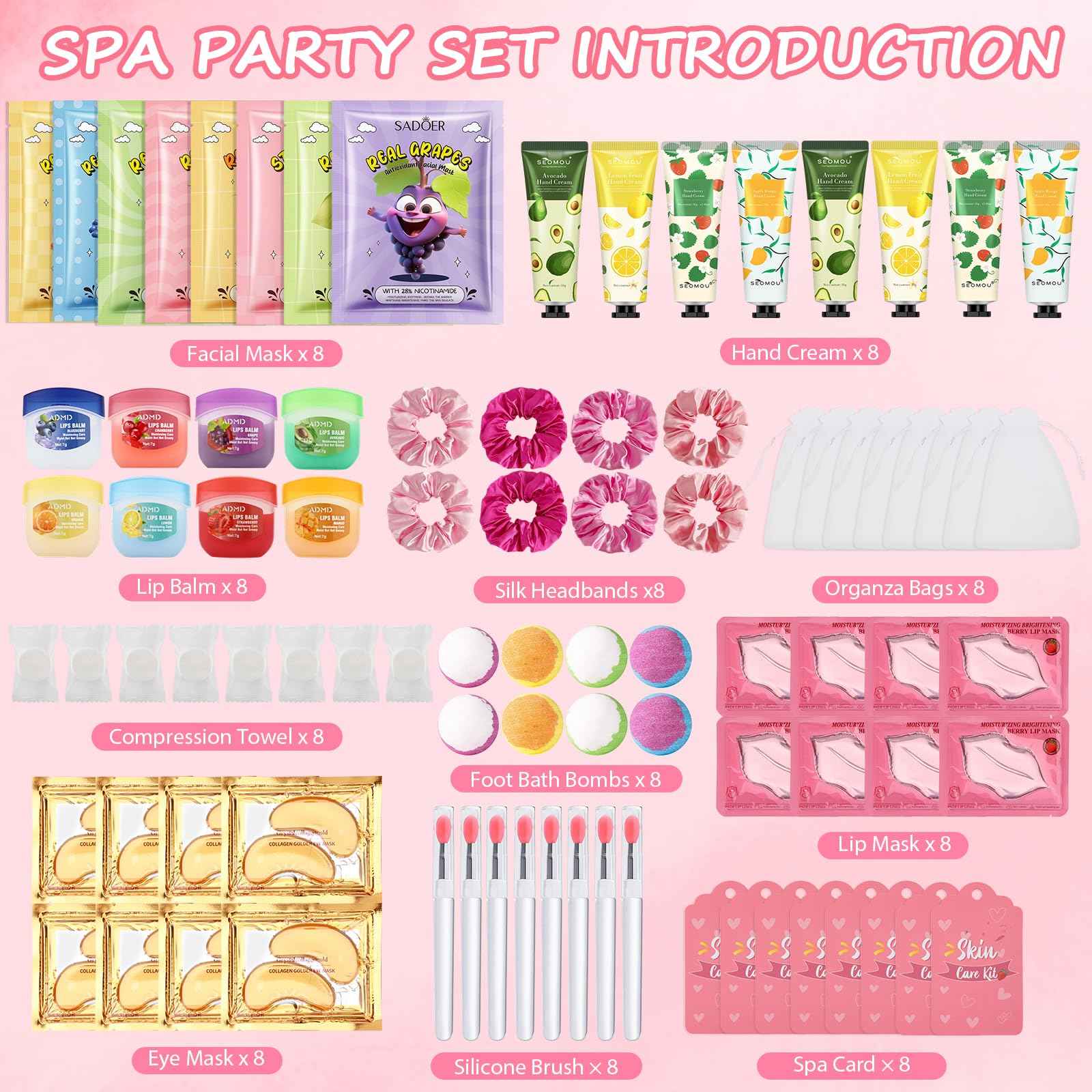 Jutqut 88PCS SPA Party Supplies for Girls, Under Eye Patches, Facial Masks, Lip Mask & Balm, Hand Cream, Foot Bath Bombs, Compressed Towel, Hair Band, Bulk Birthday & Sleepover Party Kit