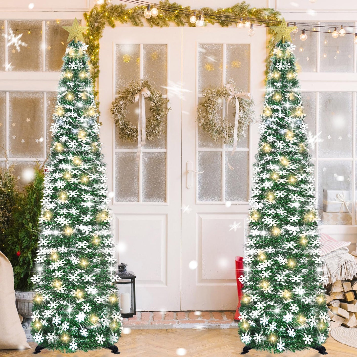 HMASYO 5 FT Pop Up Christmas Tree with Timer Lights - Green Tinsel Snowflake Christmas Tree, Collapsible Artificial Pencil Tree Xmas Decoration for Home, Office, Party, Easy Assembly