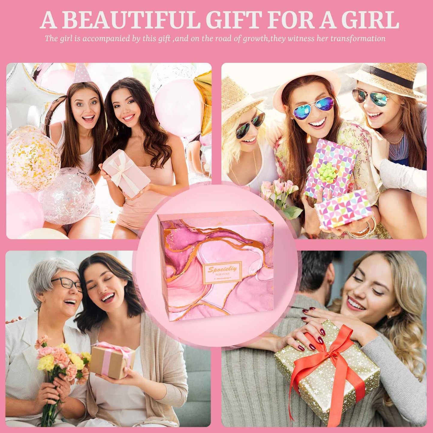 40PCS Trendy Stuff Gifts Set for Teen Girls -Makeup Brushes Set + Blending Sponges + Silk Heatless Curling Set + Jewelry Set & Skincare Headbands | Birthday Gift for Daughter, Niece, Her (Pink)