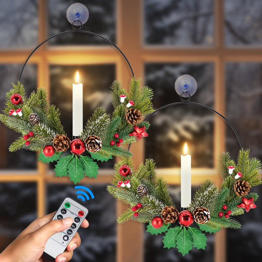 Christmas Wreaths for Front Door Windows: 2Pcs 15 Inch Small Prelit Lighted Xmas Wreaths Battery Operated with Timer LED Taper Candles Lights Decorations for Indoor Outdoor Light Up Winter Holiday