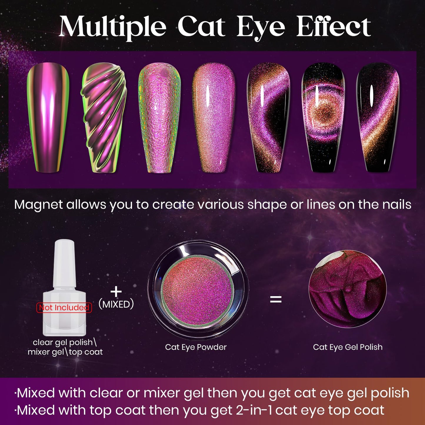 MIZHSE 9D Cat Eye Chrome Nail Powder Mirror Effect Purple Magnetic Glitter Pigment Powder for Gel Nails Chameleon Cateye Magic Galaxy Nail Art Powder with Magnet