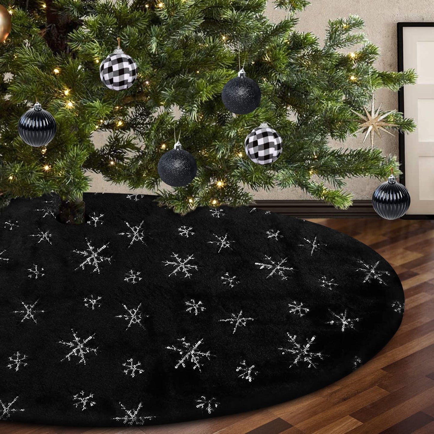 Ivarunner Black Tree Skirt, Large Faux Fur Christmas Tree Skirt 48 Inch, Xmas Tree Rug with Silver Sequin Snowflakes for Christmas Tree Decorations Ornaments