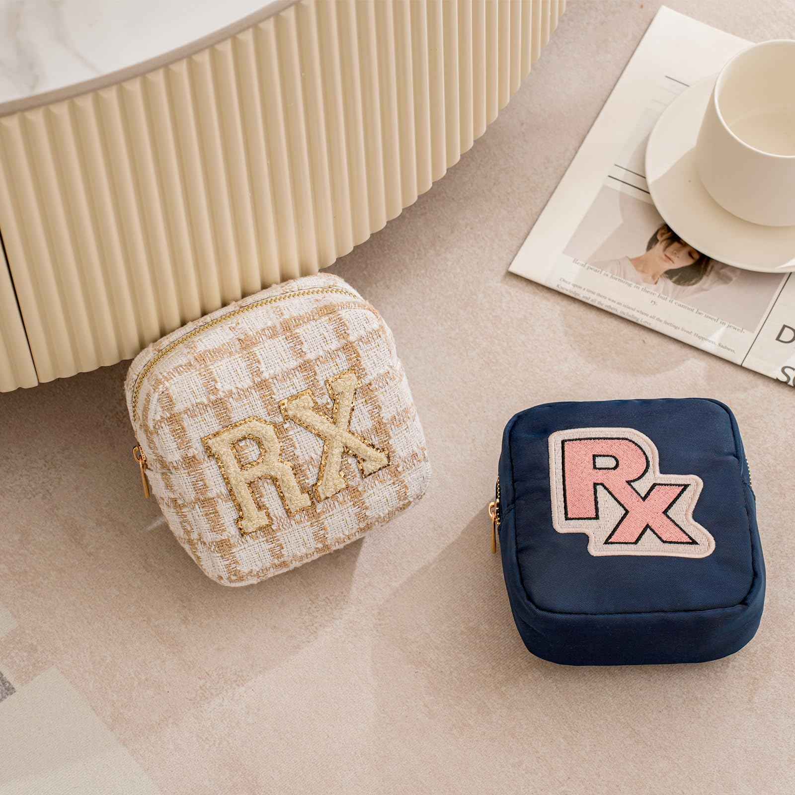 RSRSLEII Small Medicine Bag for Travel, Personalized RX Chenille Letters Checkered Pouch for Women and Girls, Cute Meds Drug Makeup Bags with Zipper (01Beige Checkered)