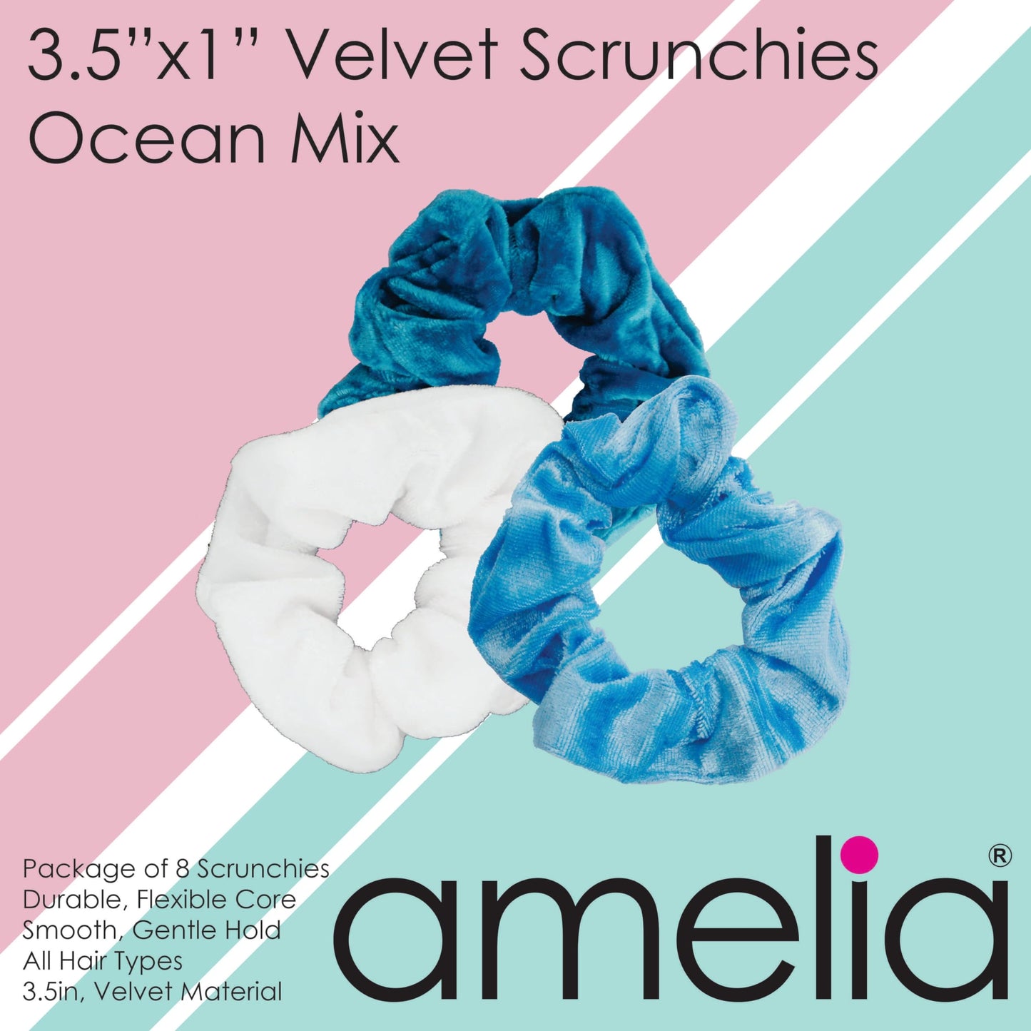 Amelia Beauty, Ocean Mix Velvet Scrunchies, Medium 3.5in, Gentle on Hair, Strong Hold, No Snag, No Dents or Creases. 8 Pack