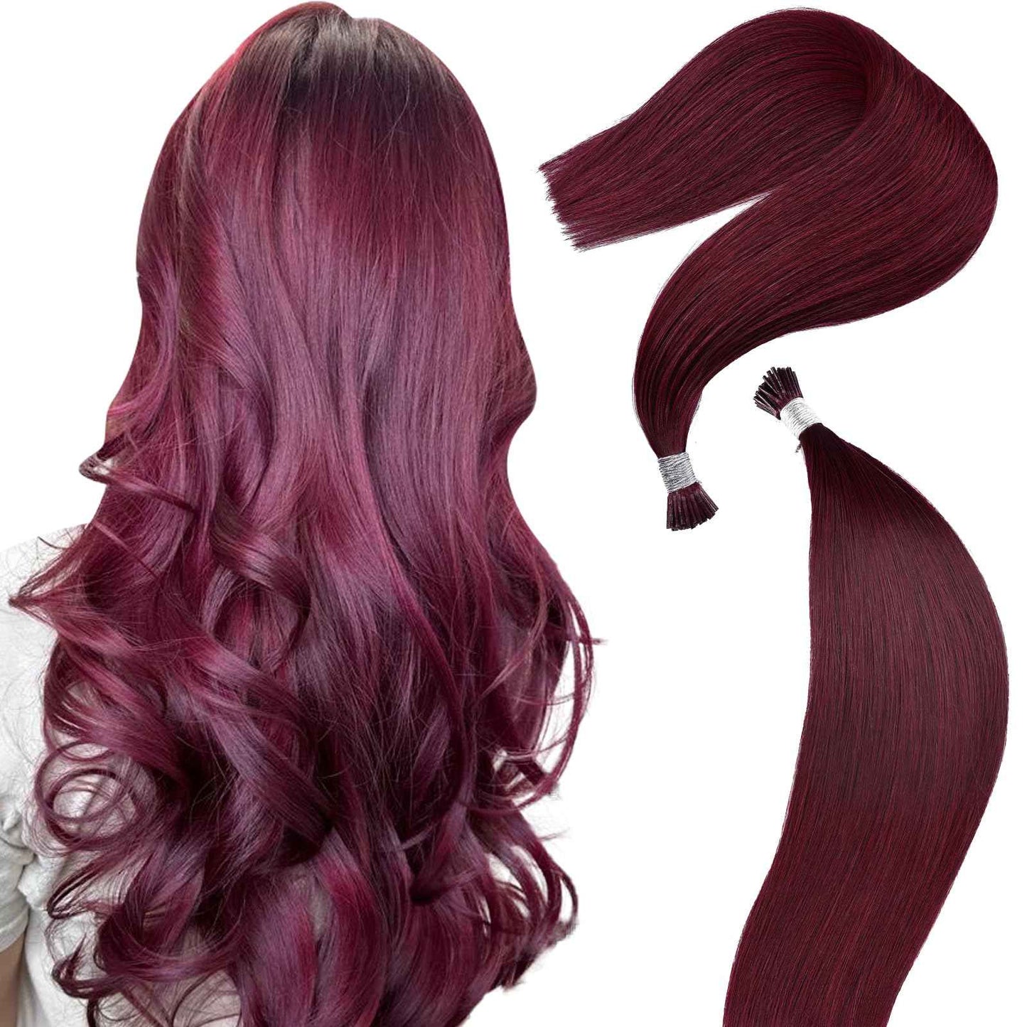 DIYOMO I Tip Hair Extensions Human Hair Wine Red Remy Itip Human Hair #99J Burgundy 20inch Pre Bonded Invisible I Tip Hair Extensions Straight Stick 50g/60s