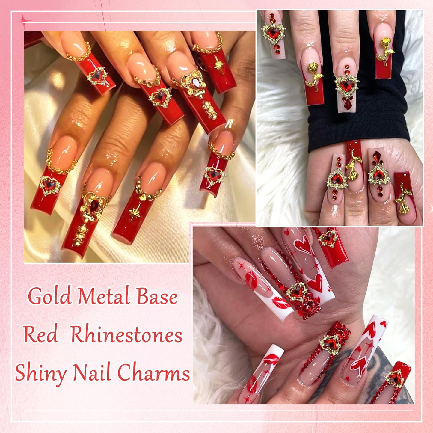 RODAKY Red Heart Nail Charms 10PCS 3D Heart Nail Rhinestones Gold Metal Alloy Nail Art Gems Jewelry for Valentines Manicure Nail Supplies Accessories DIY Crafts Design