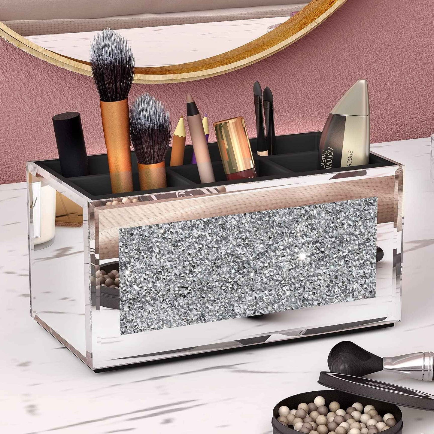 SHYFOY Makeup Brush Holder Organizer with Crushed Diamond 6 Slot Mirrored Make up Cosmetics Organizers and Storage for Vanity Countertop