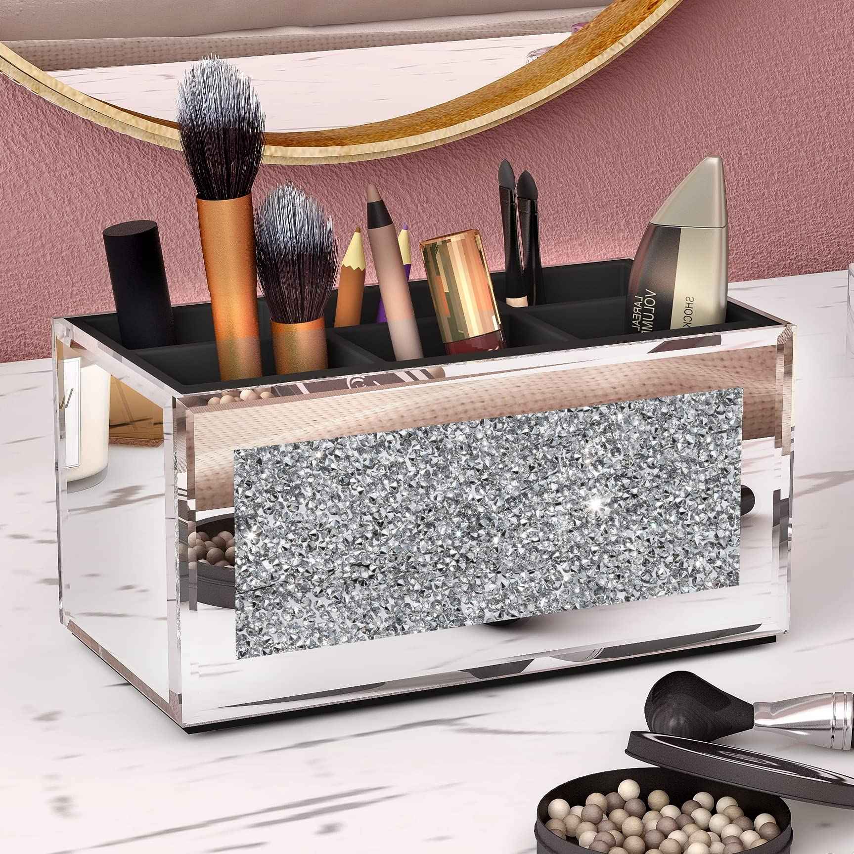 SHYFOY Makeup Brush Holder Organizer with Crushed Diamond 6 Slot Mirrored Make up Cosmetics Organizers and Storage for Vanity Countertop