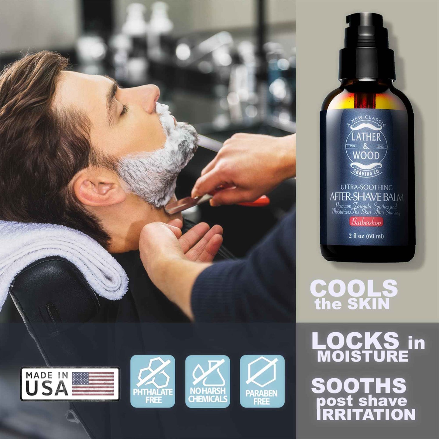 Lather & Wood - Barbershop Aftershave for Men - Long-Lasting Fragrance, Non-Greasy Formula, Easy Pump Dispener, Gentle and Subtle Scent