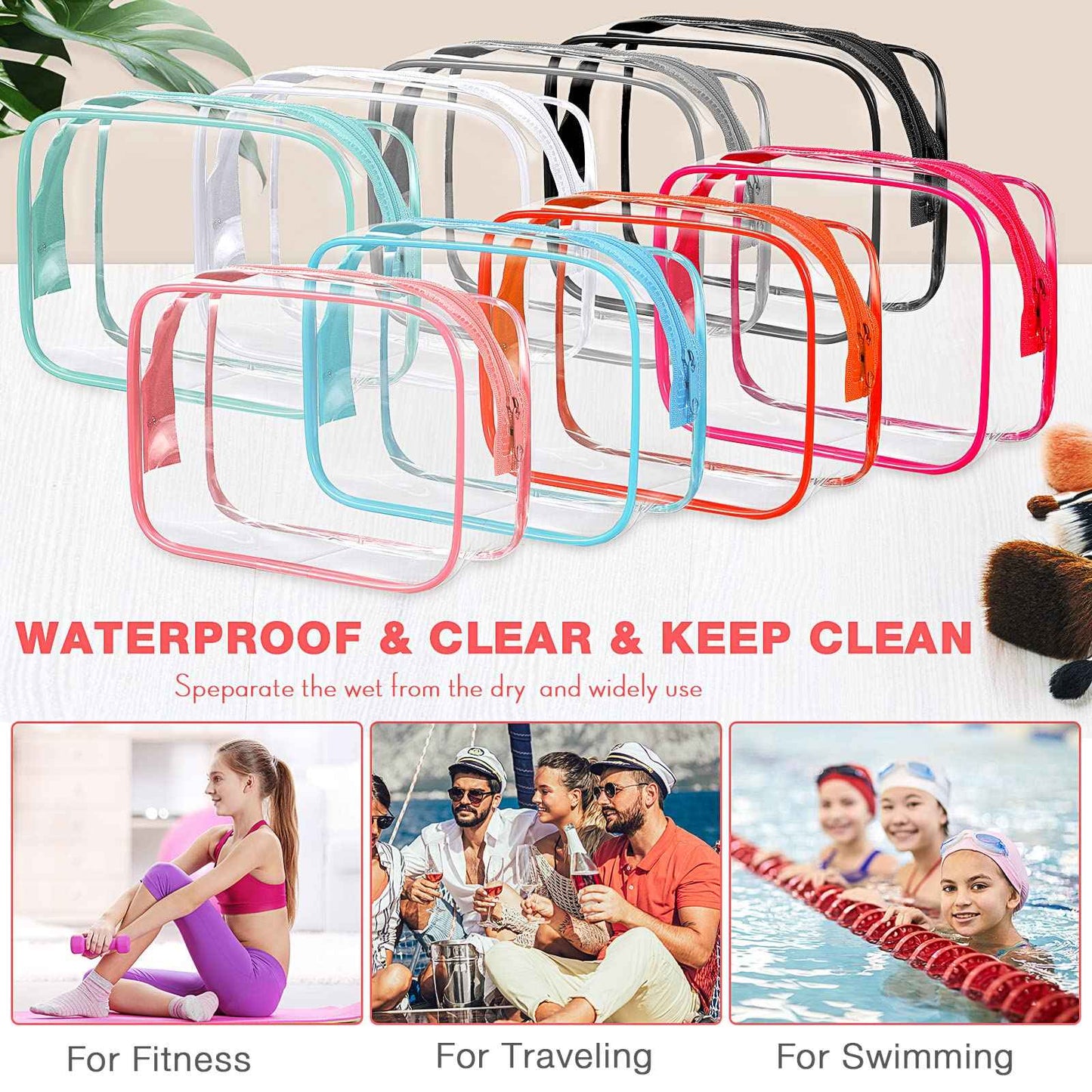 Reginary 16 Pack Clear Cosmetic Bag, Transparent Toiletry Bag Travel Pouch with Zipper Waterproof PVC Plastic Organizer Case for Women Men Traveling Vacation Organization Business Trip Home, 8 Colors