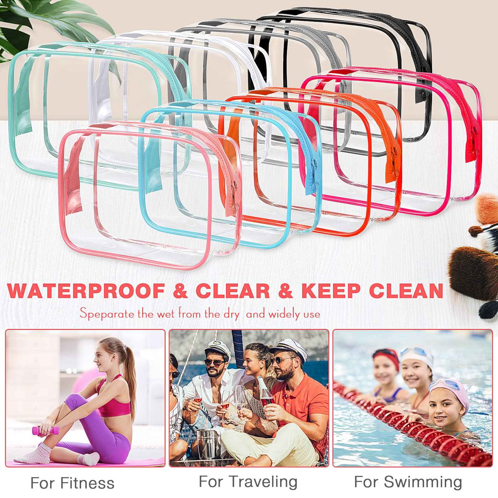 Reginary 16 Pack Clear Cosmetic Bag, Transparent Toiletry Bag Travel Pouch with Zipper Waterproof PVC Plastic Organizer Case for Women Men Traveling Vacation Organization Business Trip Home, 8 Colors