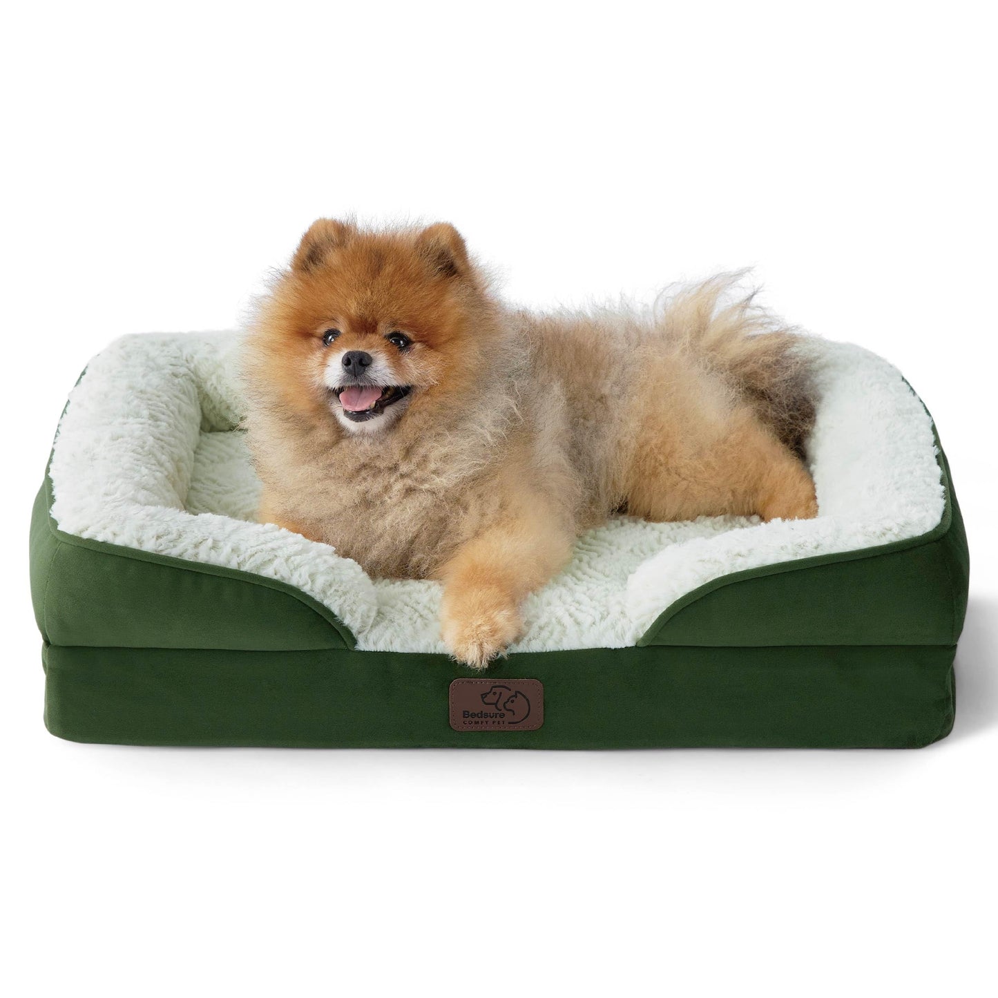 Bedsure Small Orthopedic Dog Bed - Calming Dog Sofa Beds for Small Dogs with Luxurious Short Plush, Pet Couch Bed with Removable Washable Cover, Waterproof Lining and Nonskid Bottom Couch, Green