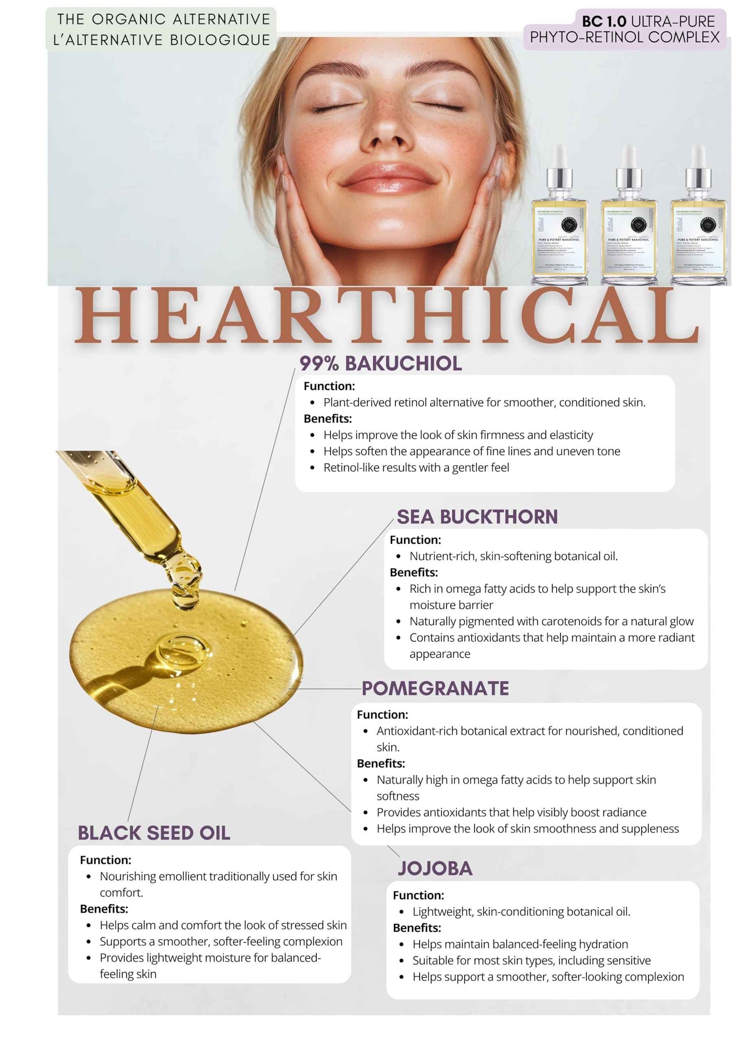 Hearthical Organic Oil-Based Bakuchiol Serum For Face | 1oz Natural Retinol Alternative for Glowing Skin | Brightening Serum For Face | 99% Pure Bakuchiol Oil with Jojoba & Sea Buckthorn | Made In USA