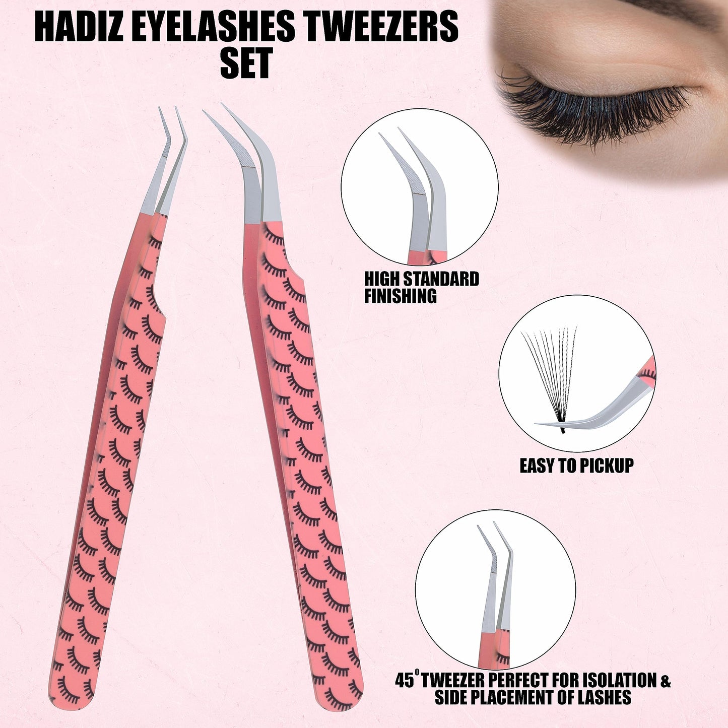 HADIZ Fiber Tip Eyelash Extension Tweezers Japanese Stainless Steel Two Piece Curved & 45 Deggree Lash Tweezer (baby pink)