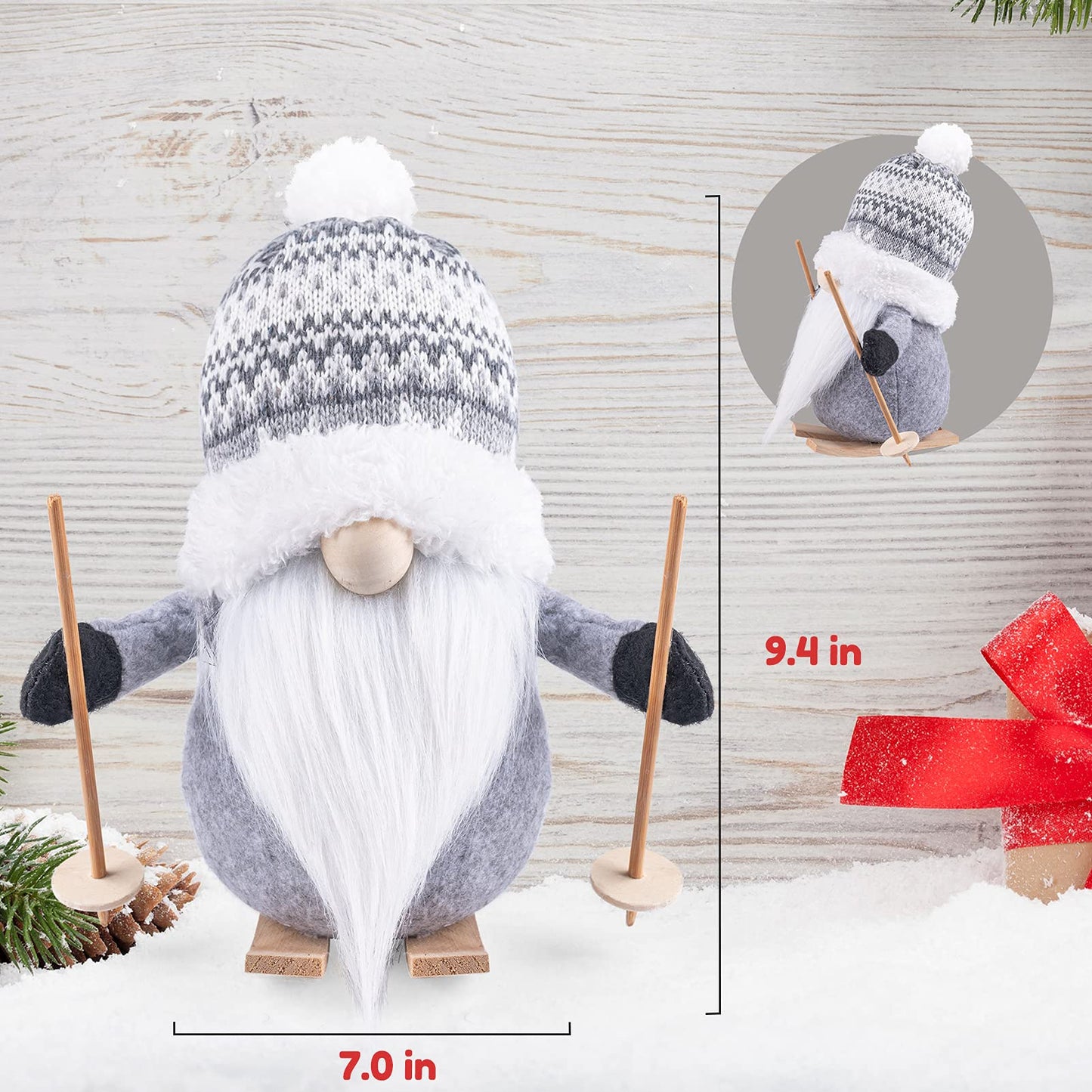 D-FantiX 2Pack Sled Christmas Gnomes Plush with Wood Skis and Ski Poles, Handmade Swedish Tomte Santa Scandinavian Figurine Nordic Plush Elf Doll Gnome Ornaments Christmas Decorations Home Decor