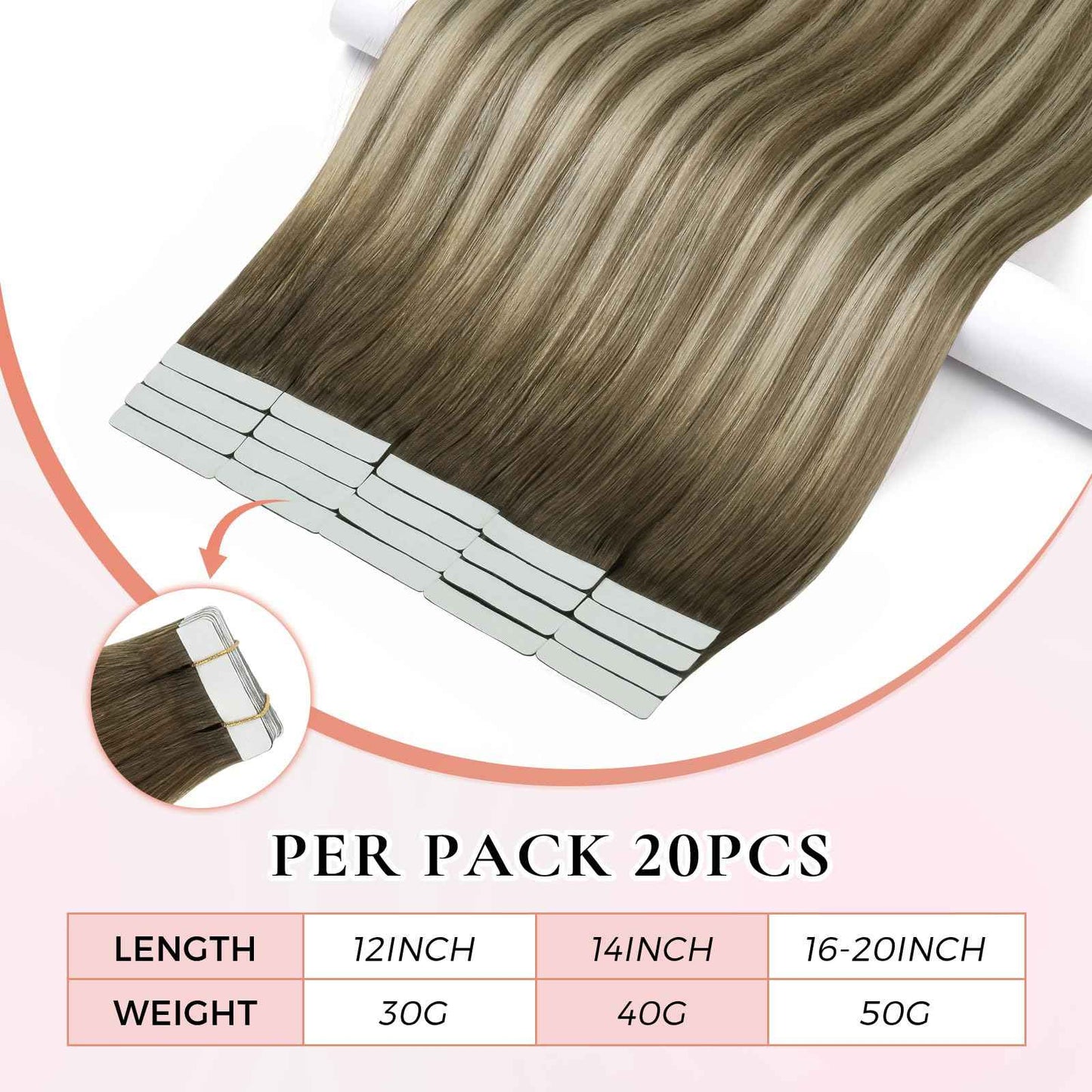 MEI YUAN LIN invisible tape in hair extensions human hair 14Inch 3/8/22 Dark Brown Fading To Brown and Blonde 20pcs 40G remy Hair Extensions PU weft yarn for Party
