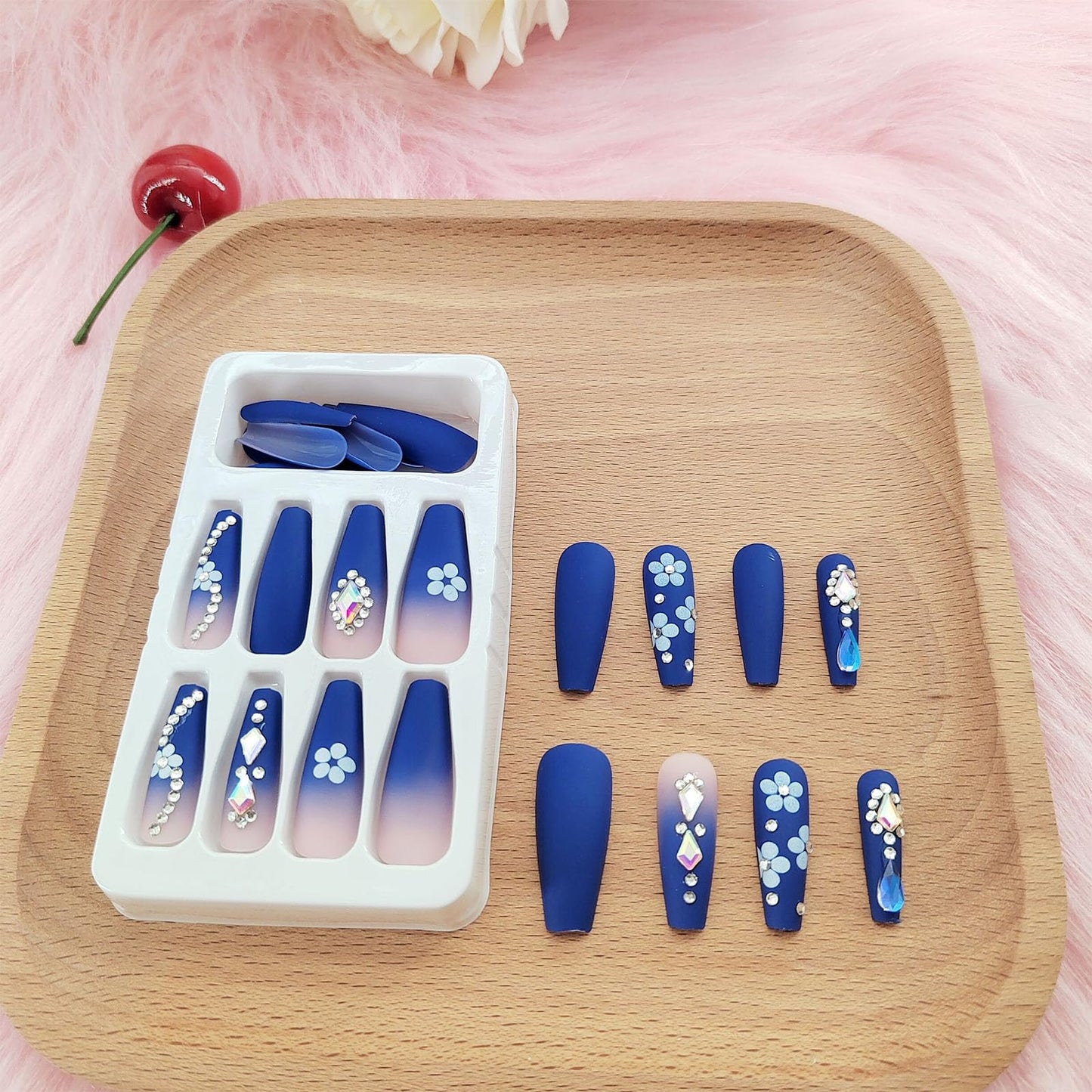 Long Press on Nails Coffin Navy Blue Gradient Acrylic Nails Press ons with Flower Rhinestones Design Artificial Nails Full Cover False Nails with Glue for Women and Girls 24Pcs