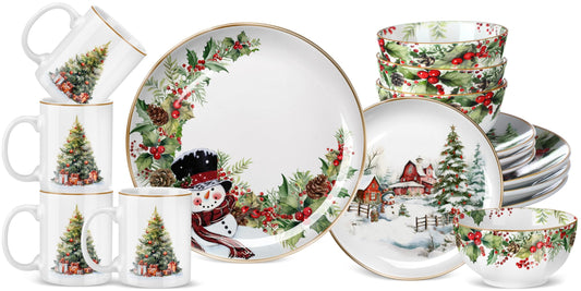 16 Pcs Christmas Tree Dinnerware Set for 4 Holiday Dishes Snowman Dinner Plates Festive Collection Dishes Village Holly Ivy Ceramic Gifts Dessert Plates Bowl Mug Kitchen Decoration for Xmas Winter