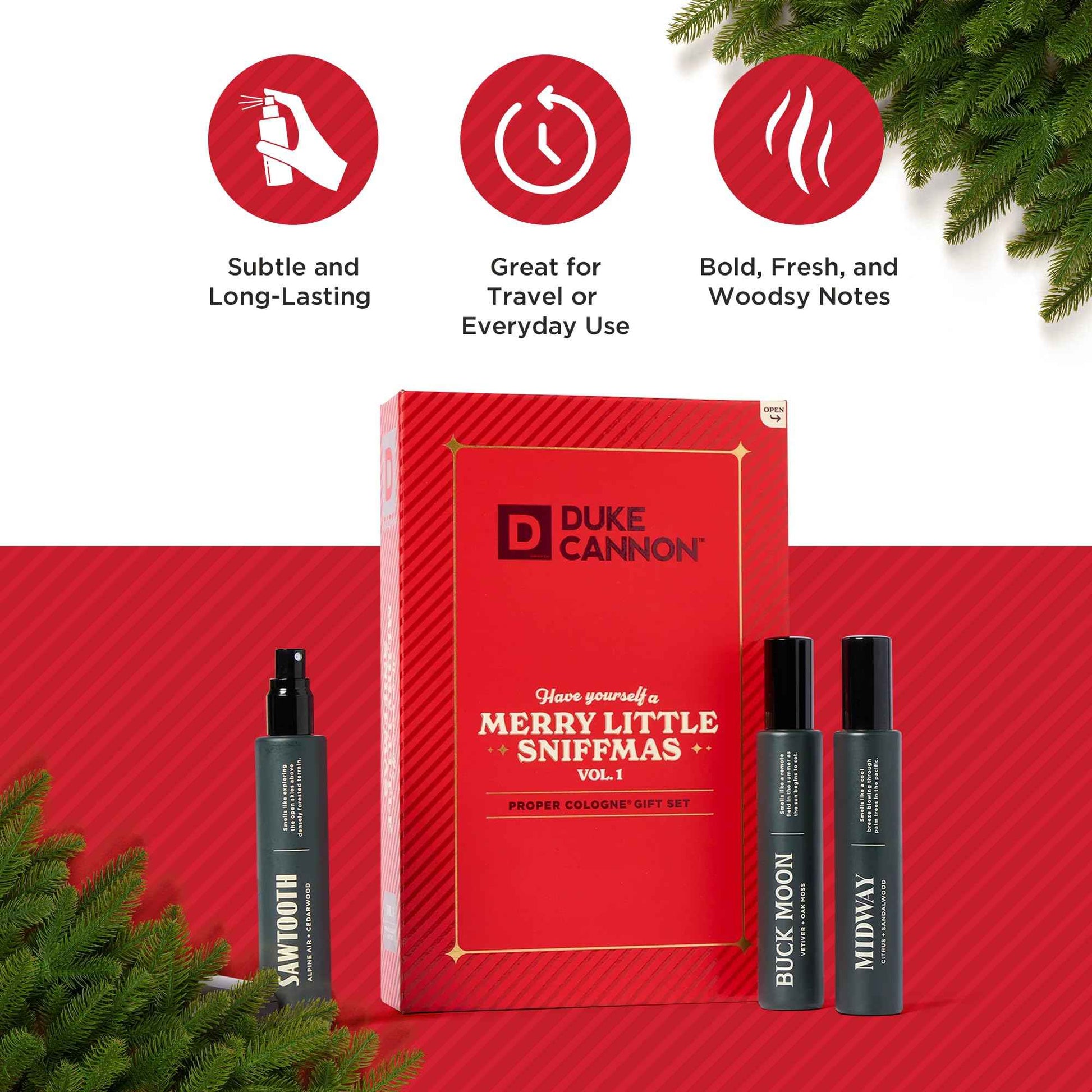 Duke Cannon Merry Little Sniffmas Giftset - travel-sized trio of Duke Cannon Proper Cologne® - Holiday Cologne Gift Set - eau de parfum - Sawtooth, Buck Moon, Midway
