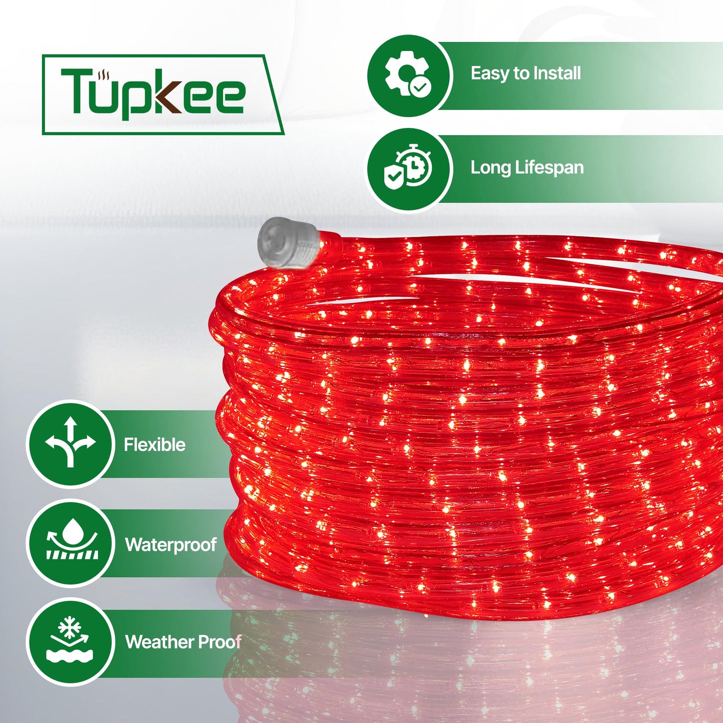 Tupkee LED Rope Light Red - for Indoor and Outdoor use, 24 Feet (7.3 m) - 10MM Diameter - 144 LED Long Life Bulbs Rope Tube Lights