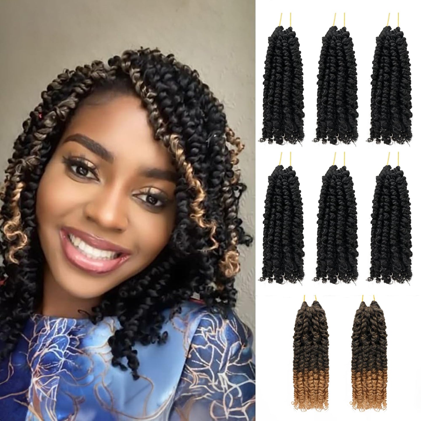 6 Inch 8 Packs Passion Twist Crochet Hair For Black Women and Kids,Mixed Colors Combo Pack,Pre Looped Pretwisted -Extensions Braided by Synthetic Spring Kinky Twist Crochet Hair (1B+T1B/27)