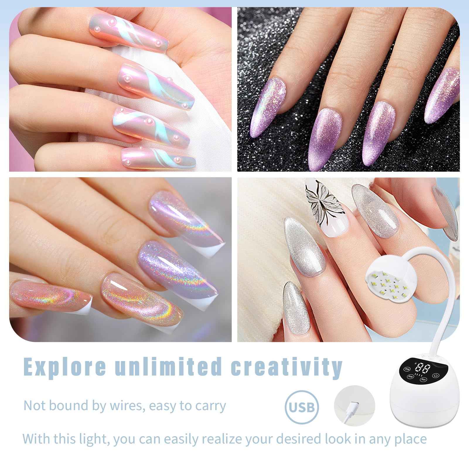 PHAIN Mini U V LED Nail Lamp with 3 Timers and LCD Display,36W Cordless Flash Cure Gel x Nail Lamp, Auto Sensor Gooseneck Portable USB Gel Nail Dryer U V Light for Home DIY, Pearl White, ML-10003