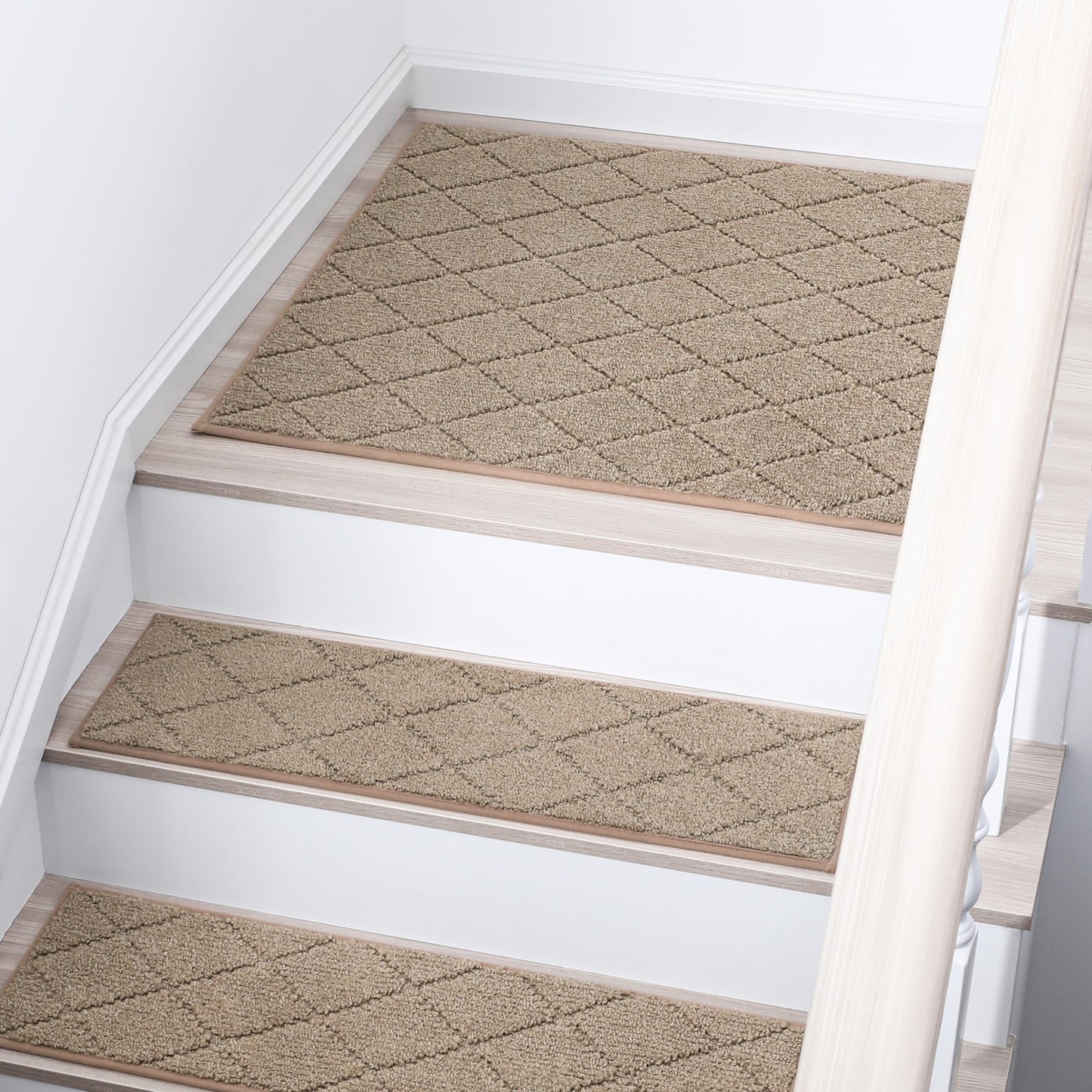 COSY HOMEER Edging Stair Treads Non-Slip Corner Indoor Stair Runners for Wooden Steps,Landing Slip Resistant Stair Rugs Mat for Kids and Dogs,100% Polyester TPE Backing,Beige,30x30 inch