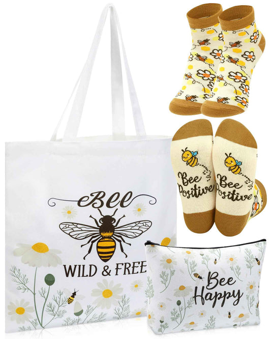 Bulyoou 3 Pcs Bee Themed Gifts for Women Funny Honeybee Canvas Tote Bag with Zipper Makeup Bag and Socks Bee day Holiday Birthday Gifts for Mother Teachers Employee Beekeepers Lovers