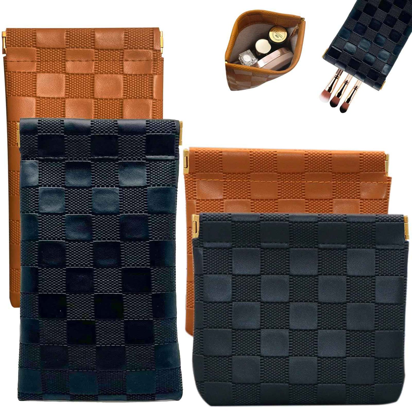 4PCS Small Makeup Bag for Purse, Mini Leather Pocket Cosmetic Bag for Women, Waterproof Portable Makeup Pouch No Zipper Coin Purse Lipstick Bag Accessories, Checkered Travel Storage Bag(Black, Brown)