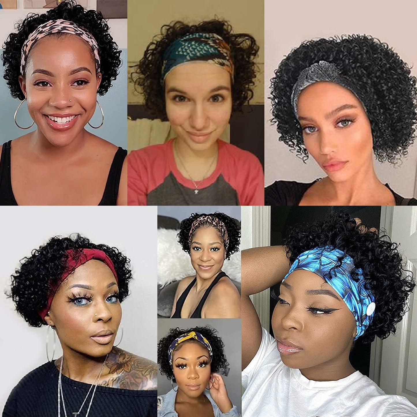 VRZ Short Curly Headband Wig Human Hair Wigs for Black Women Pixie Cut Kinky Curly Bob Glueless Half Wigs 150% Density Natural Black 1B# 8inch