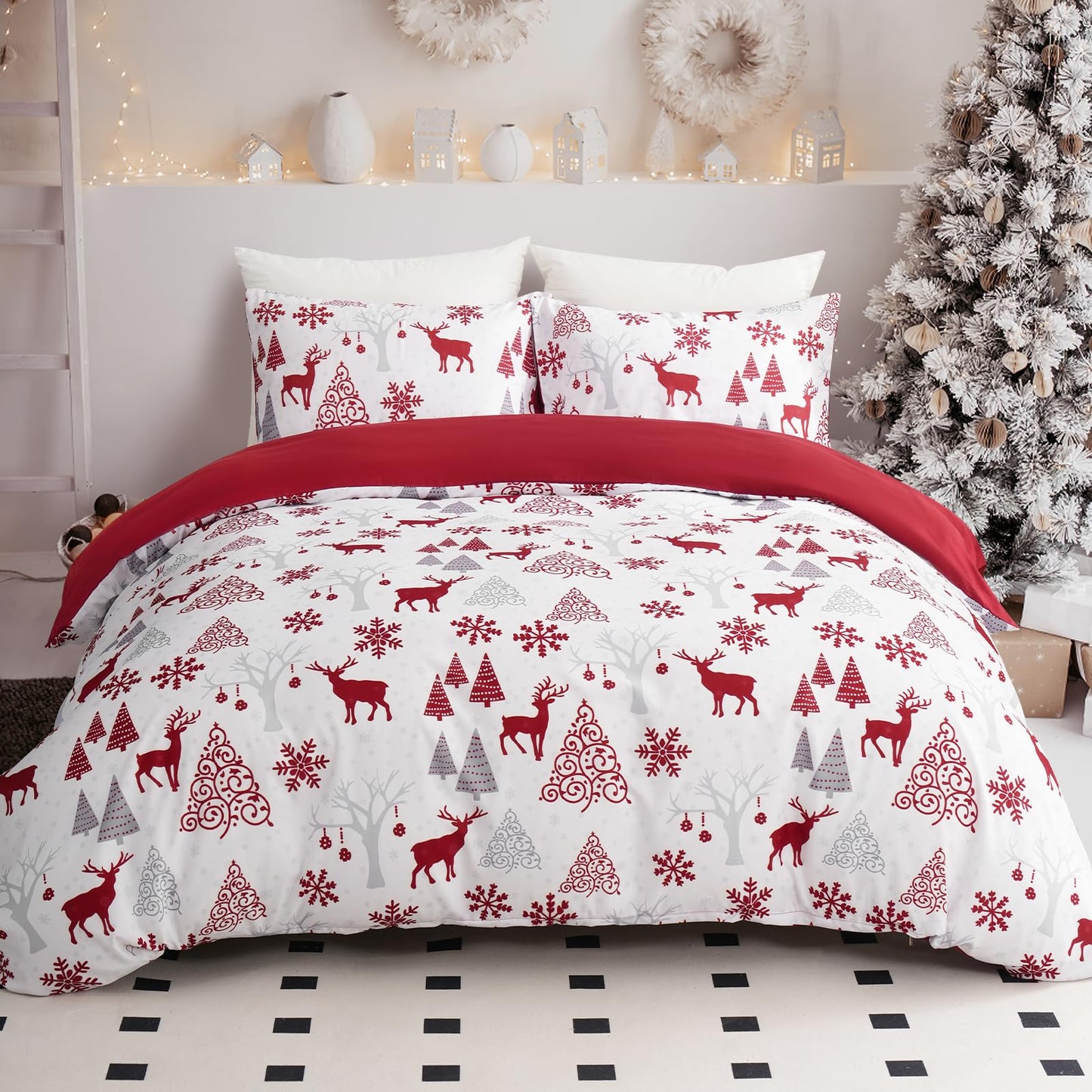 Christmas Duvet Cover Set King Reindeer Snowflakes Bedding Set Soft Microfiber Quilt Duvet Cover with 2 Pillowcases for Home Decoration